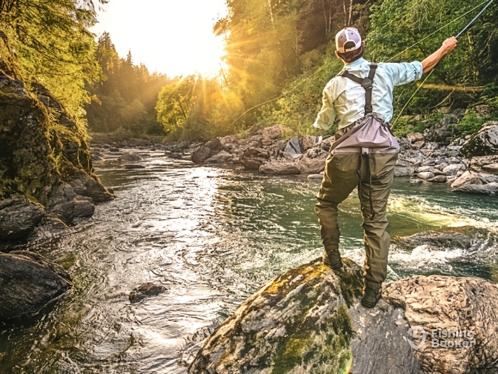 An angler in fishing gear fly fishing for Trout in a river surrounded by rocks and trees at sunset in Tennessee.