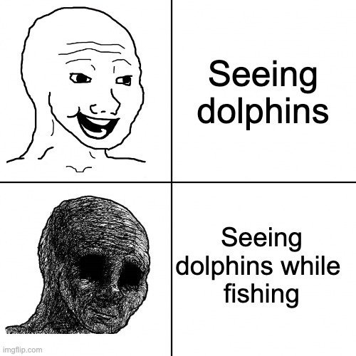 Мем с улыбающимся и грустным лицом вояка с текстом рядом с улыбающимся: 'видеть дельфинов', а рядом с грустным: 'видеть дельфинов во время рыбалки.'