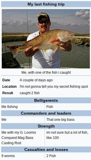 Рыболовный мем в стиле результатов битвы из Википедии с разделами о противниках, командирах, численности войск и потерях.