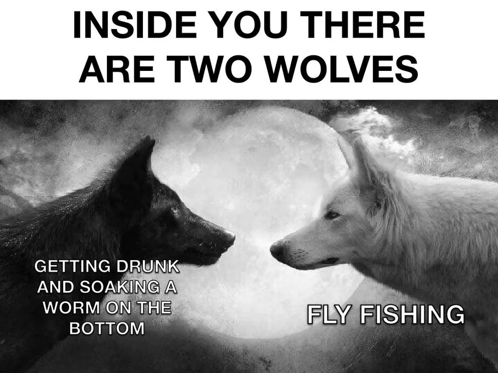 Мем с двумя волками — черным и белым — с текстом: 'Внутри тебя два волка', черный — 'пить и насаживать червя на дно', белый — 'ловить на нахлыст.'