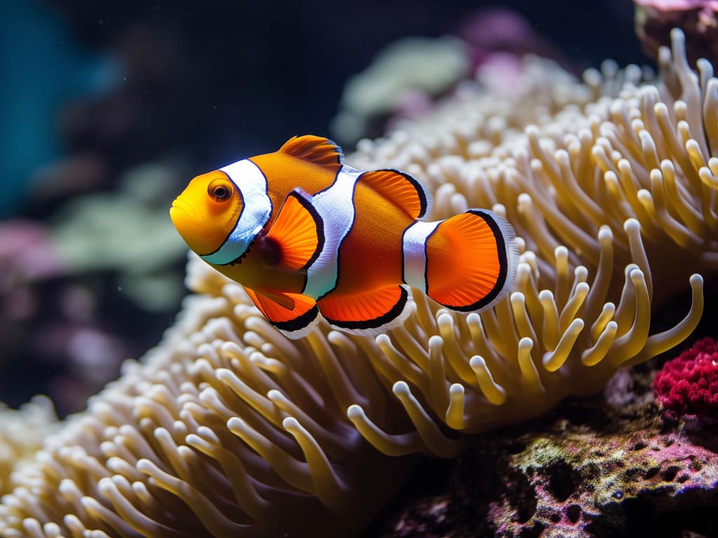 A Clownfish with orange, white, and black markings swims near sea anemone tentacles in an aquarium.