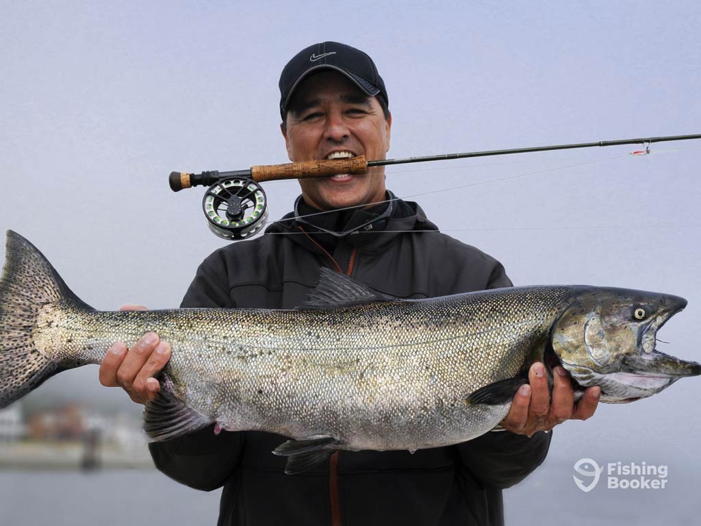 A photo of a proud Seattle fly fishing angler posing with a huge Salmon in his hands and holding a fly fishing rod in his mouth with his teeth.