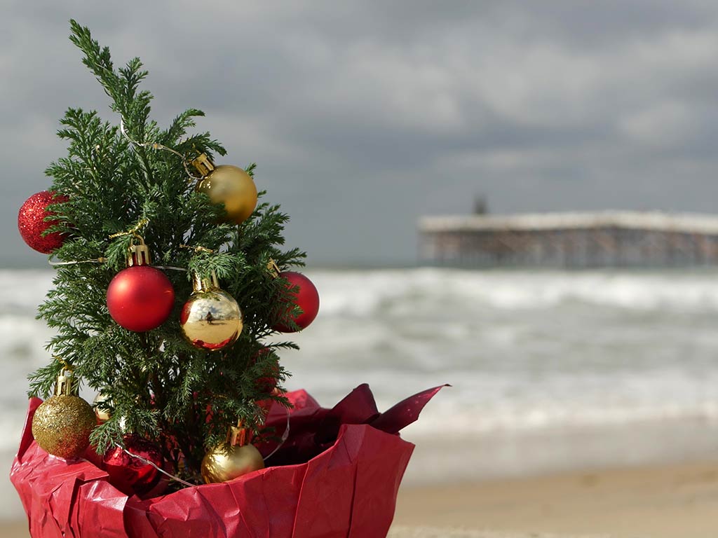 Крупный план маленькой украшенной рождественской елки на пляже, на фоне размытый рыбный пирс.