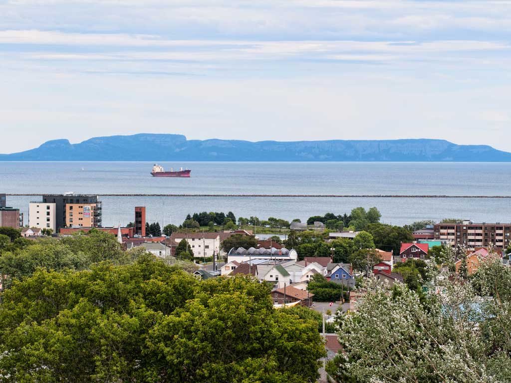 A view of the Sleeping Giant rock formation on Lake Superior from a vista in Thunder Bay, one of the best fishing cities in Canada.
