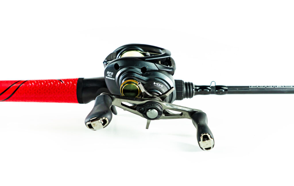 A BFS fishing reel with a handle.