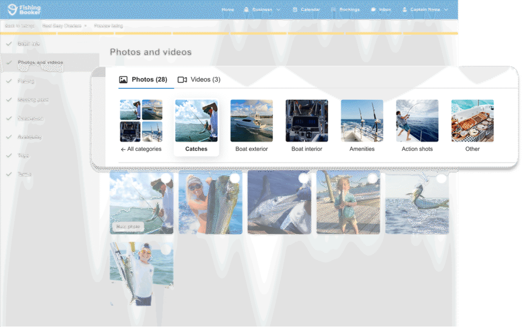 Screenshot of a photo gallery on a fishing charter website, showing image category options like Catches, Boat Exterior, and Boat Interior. Fish species’ names such as Snapper or Grouper appear in Catches.