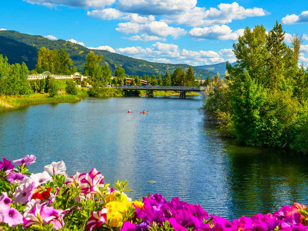 A view of the Lake Pend Oreille with kayakers, a bridge in the distance and colorful flowers in the forefront.