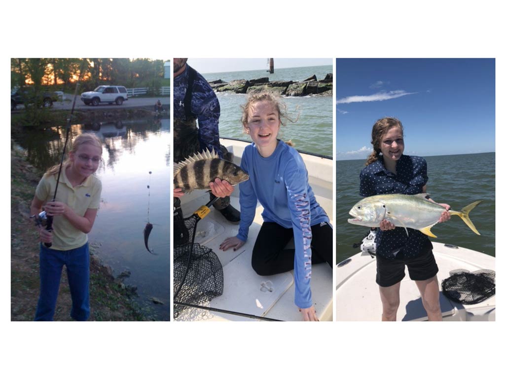 A collage of children fishing. From left to right, they're holding a small fish by a pond, a Jack Crevalle on a boat, and a Sheepshead on a boat.