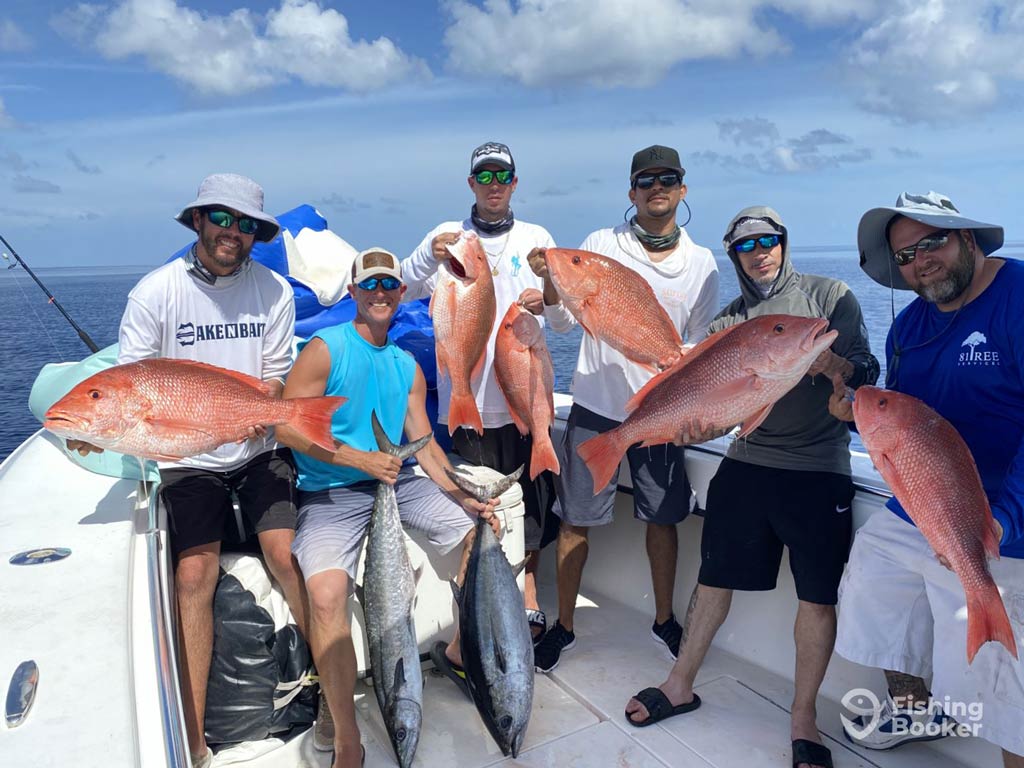 Six anglers posing on a charter boat and holding up their catches of large fish, including Red Snappers, after bottom fishing in Madeira Beach