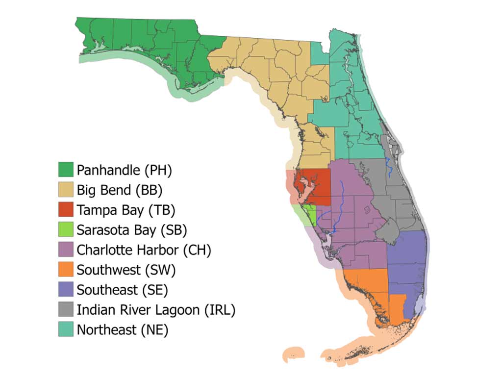 Map of Florida split into nine colorful regions, each one highlighting regulations tied to fishing for Spotted Seatrout or Speckled Trout as announced and officially published on the FWC website.