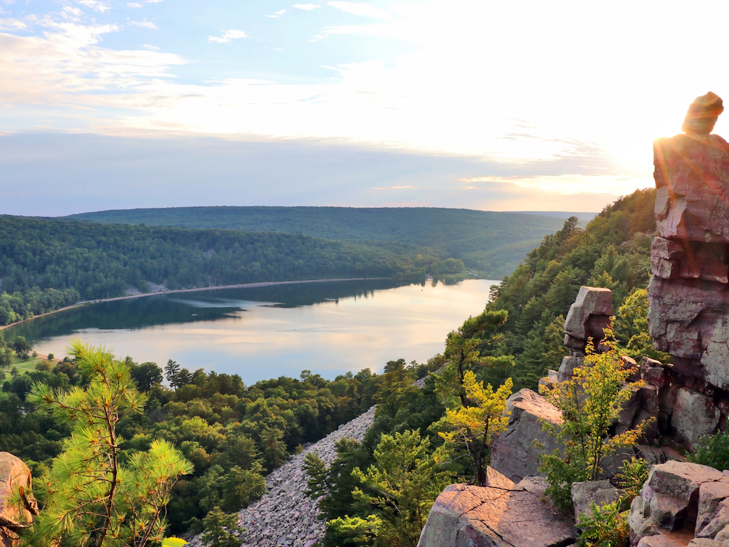 Areal view of a lake from a rocky ice age hiking trail during sunset in the Baraboo area, Wisconsin.
