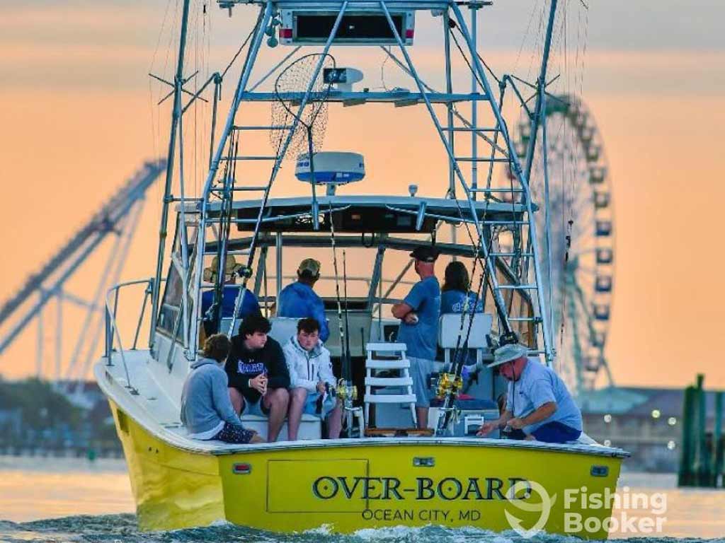 A yellow fishing boat labeled “OVER-BOARD,” possibly a White Marlin Open contender, going toward Ocean City’s amusement park with a ferris wheel glowing in the sunset.