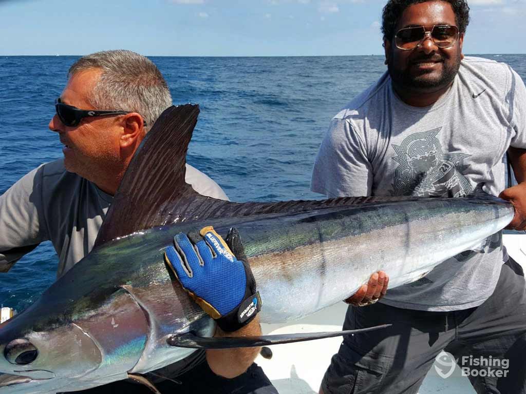 Two anglers on a boat proudly hold a large Marlin they’ve caught, its blue and silver scales gleaming against the ocean and sky.