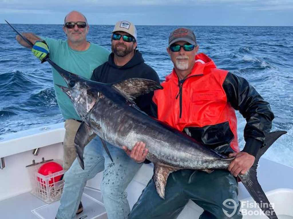 Three anglers are standing on a Manteo charter fishing boat and are holding a large Billfish over their laps, with the ocean in the background.