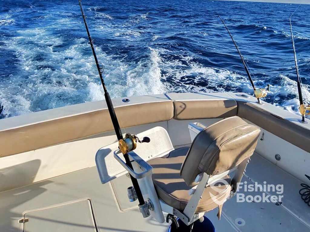 Fishing chair with mounted rods on a boat racing through blue ocean waters, leaving a foamy wake—capturing the thrill of Cabo San Lucas deep sea fishing. “Fishing Booker” logo’s at the bottom right.