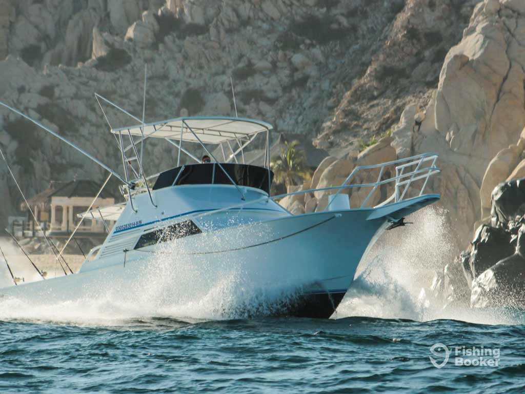 A white sportfishing boat speeds through water by rocky cliffs of Cabo San Lucas. The FishingBooker logo’s in the lower right corner. No fish species shown.