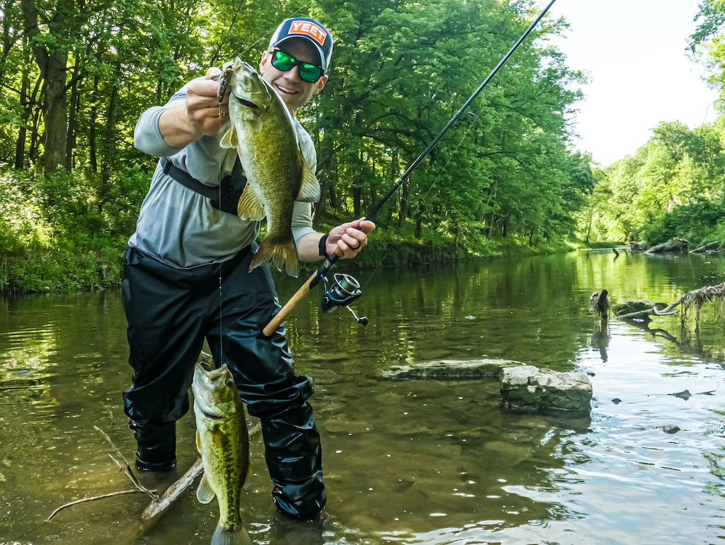 A person in waders and sunglasses stands in a shallow river, proudly holding a fishing rod and two big Smallmouth Bass, surrounded by lush green trees.
